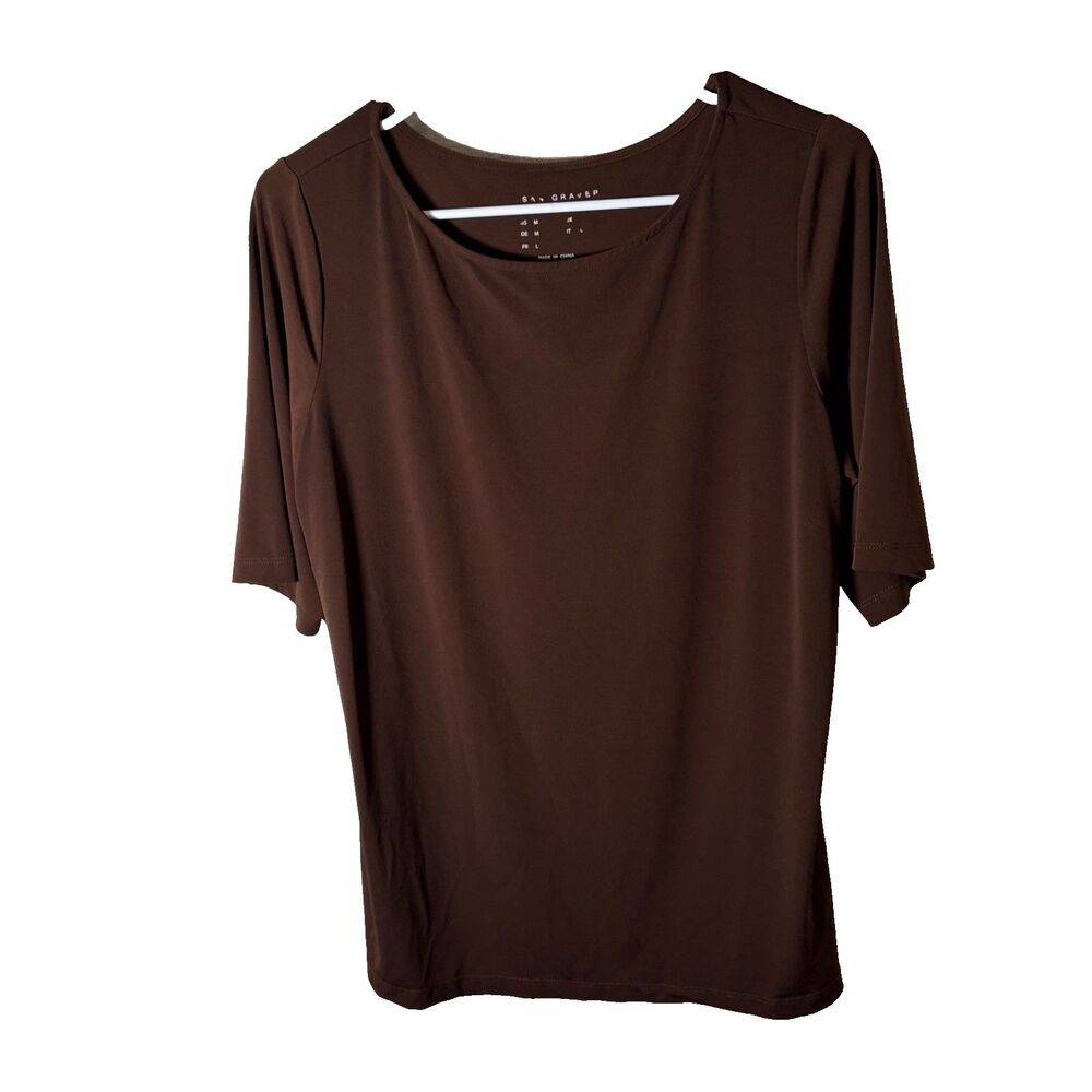 Susan Graver Blouse Women's Medium Brown Short Sleeve Round Neck Top Shirt
